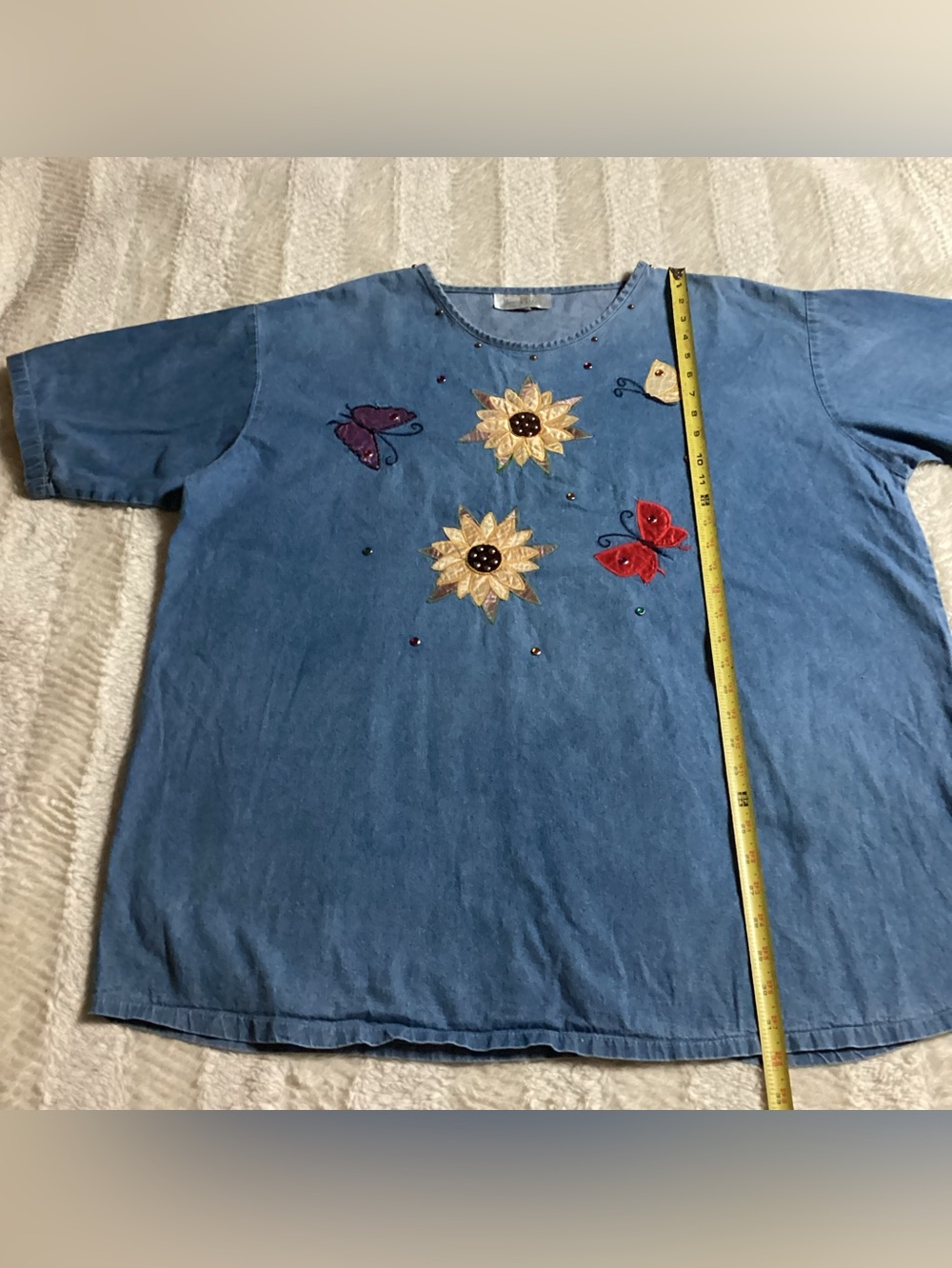 Vintage Miss & Mrs USA Made Denim Flowers Butterfly Appliqué Plus Size T Shirt
